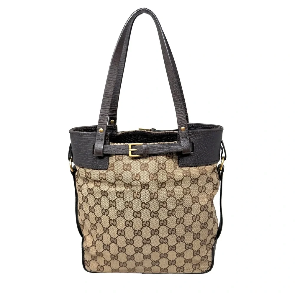 Vintage Gucci‎ GG Canvas Tote Bag Brown Leather Trim Monogram Shoulder Bag